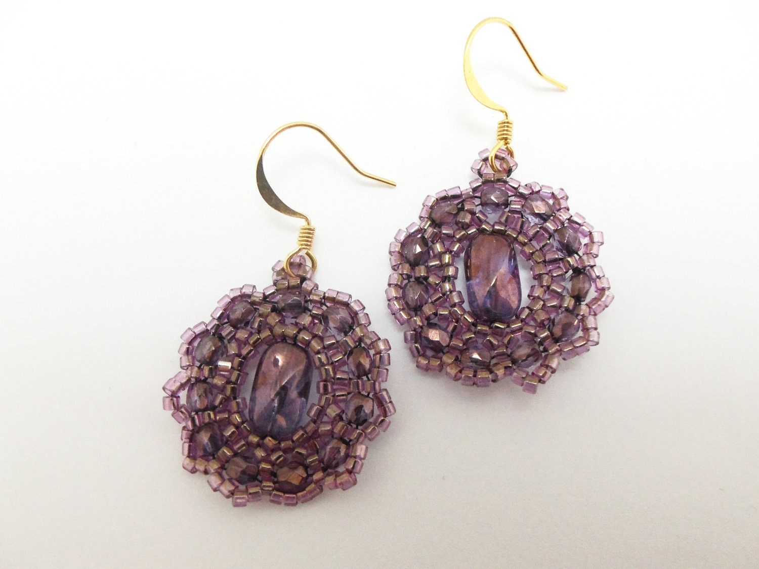Amethyst Gold Earrings Purple Jewelry Victorian Style Seed Bead Beadweaving