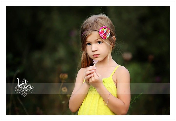 Rosette Flower with Button Accents on Skinny Elastic Headband-  - All Sizes Available