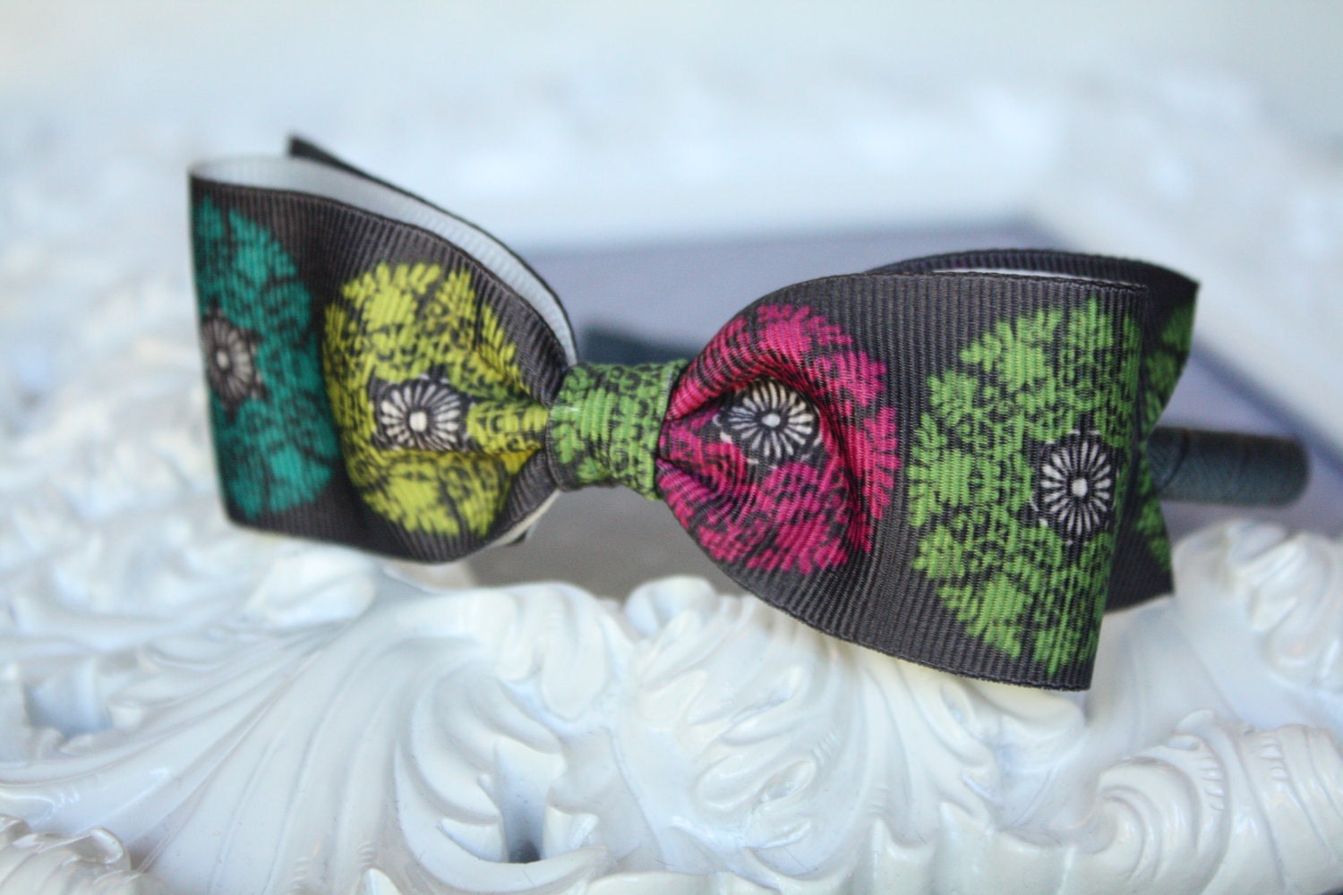 Large Tuxedo Hair Bow on Skinny Headband - Grey with Multi-colored Medallions