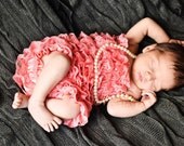 Special Etsy Sale Coral Bubble lace petti romper / ruffles bloomer.. newborn -5 months