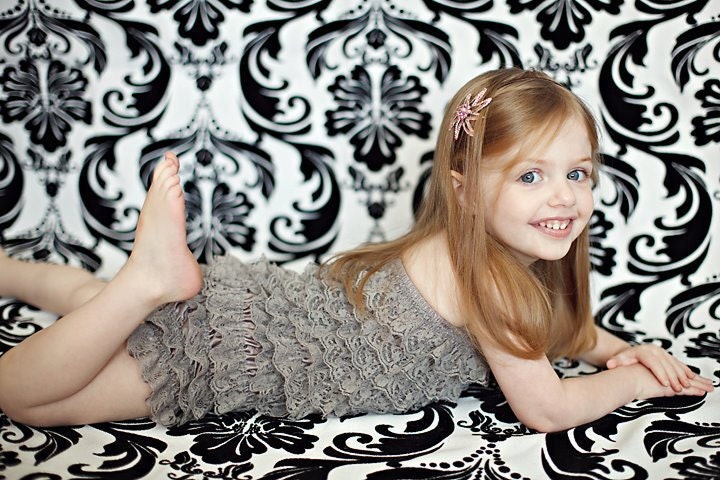 Gray lace petti romper / ruffles bloomer..3 sizes available newborn to 3t/4t. Great photo prop. you pick size