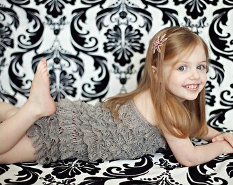 Gray lace petti romper / ruffles bloomer..3 sizes available newborn to 3t/4t. Great photo prop. you pick size
