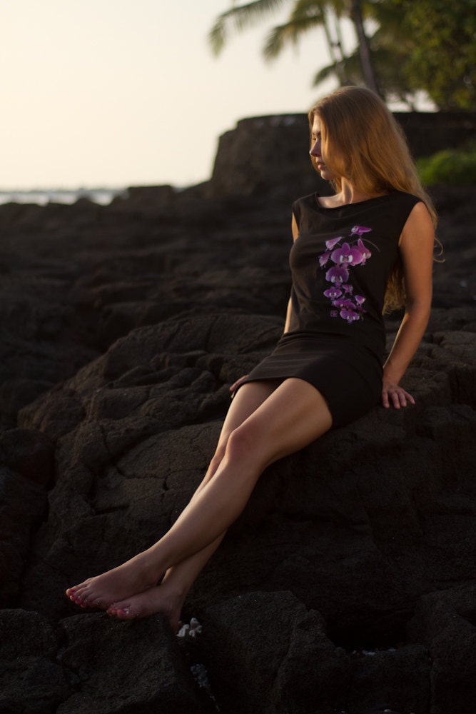 ORCHIDS on Black Fine Cotton T shirt dress