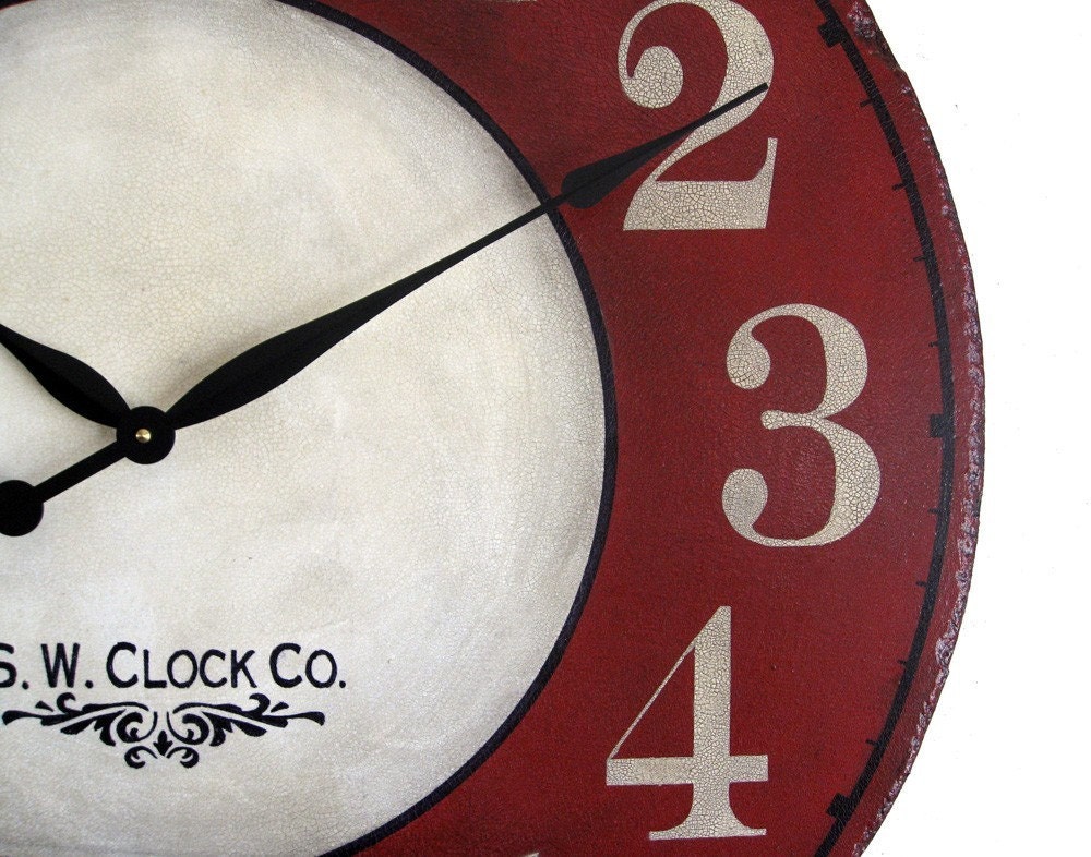 36 inch Devonshire Large Wall Clock - Antique style Red Cream Crackle French Country big round tuscan