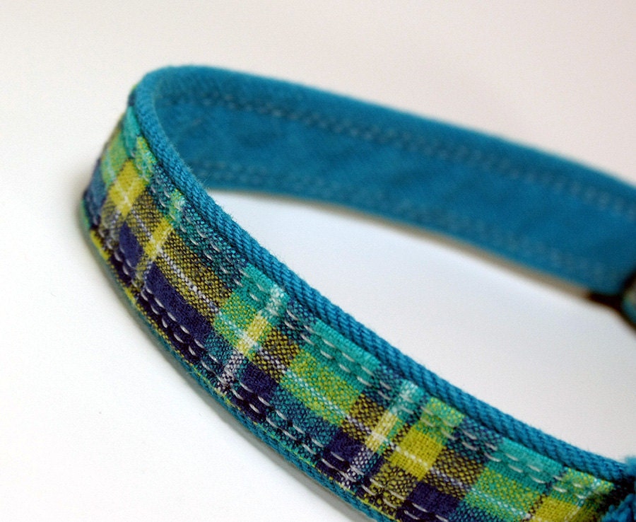 Plaid Custom Dog Collar, Aqua Denim, Royal Blue Aqua yellow, no.116