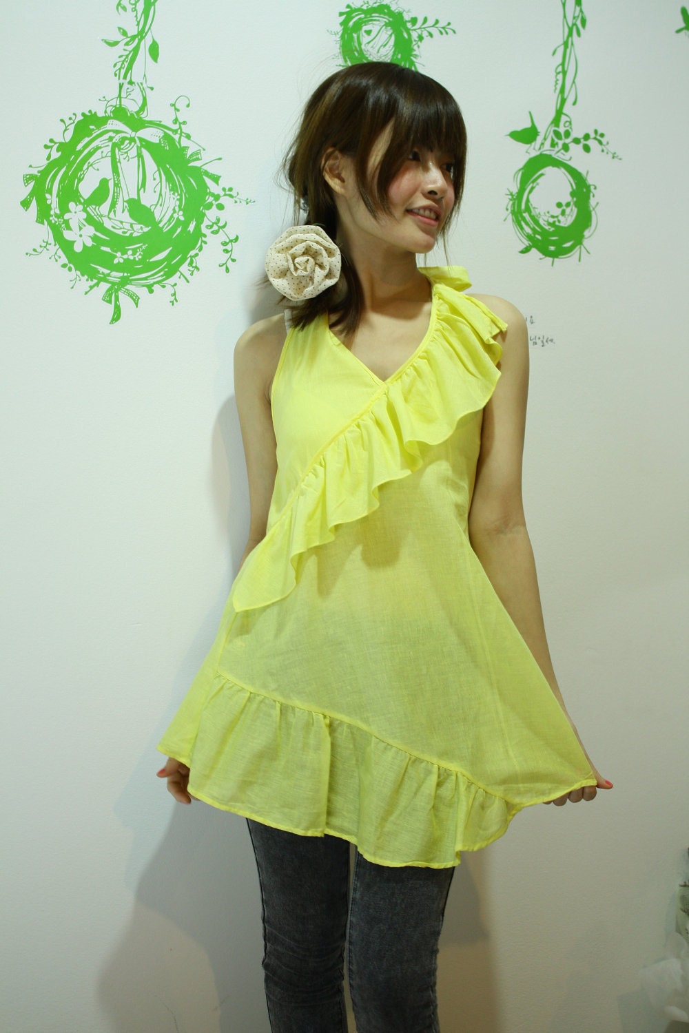 Perfect Summer Ruffle Front Halter Top in Yellow Cotton
