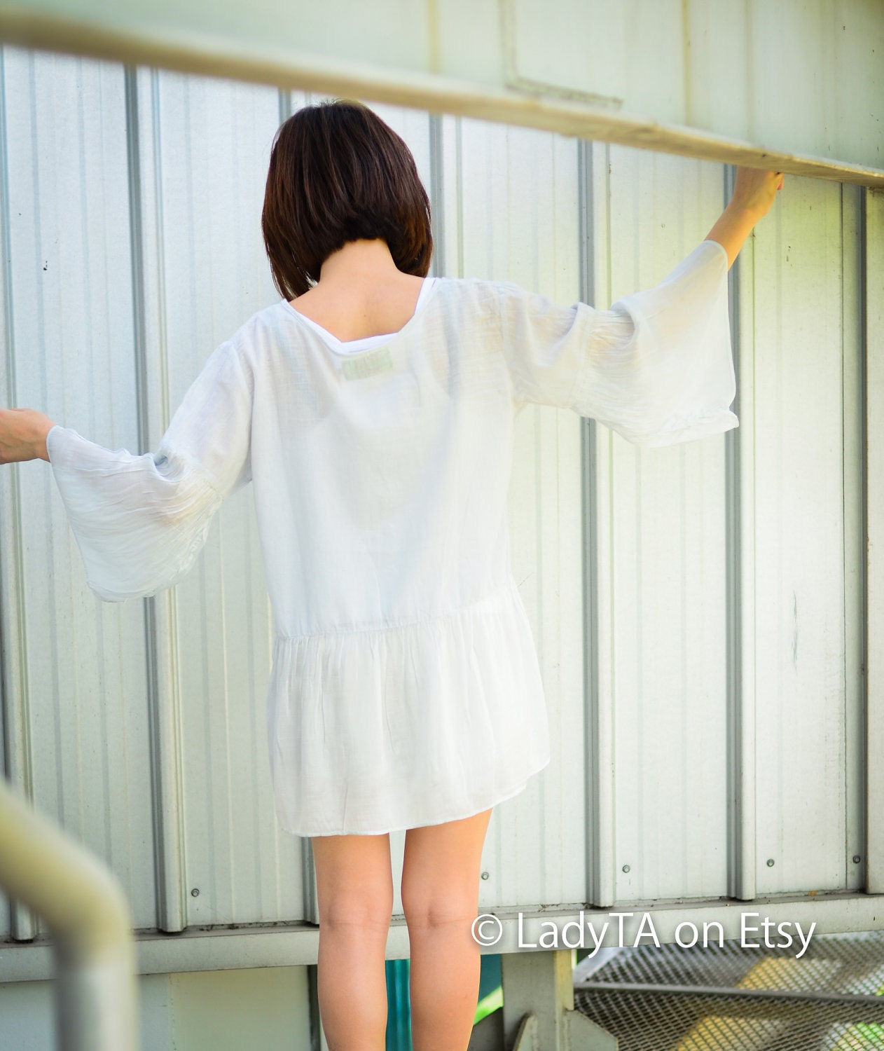 Soft blue Silk Cotton V neck Collar Kimono Sleeves Blouse (Size S - L)