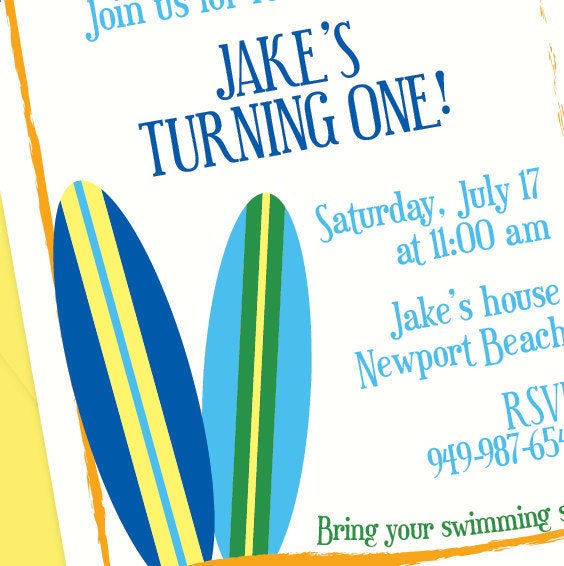 Surfboard Birthday Party Invitations - Set of 8