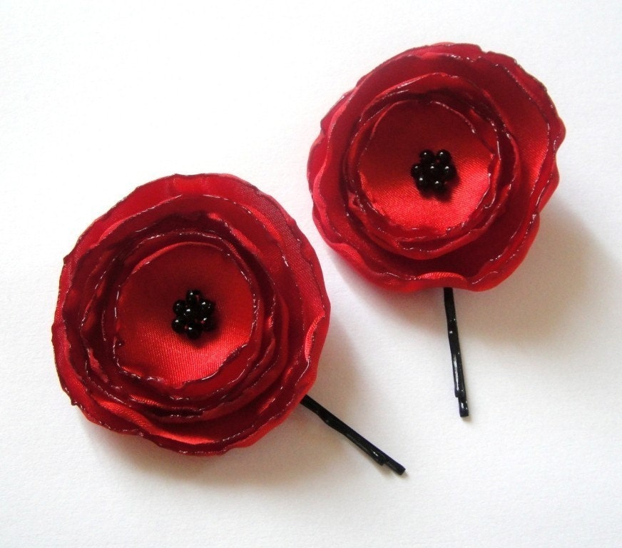 ruby red poppy rose blossom flower hair pins (set of 2)