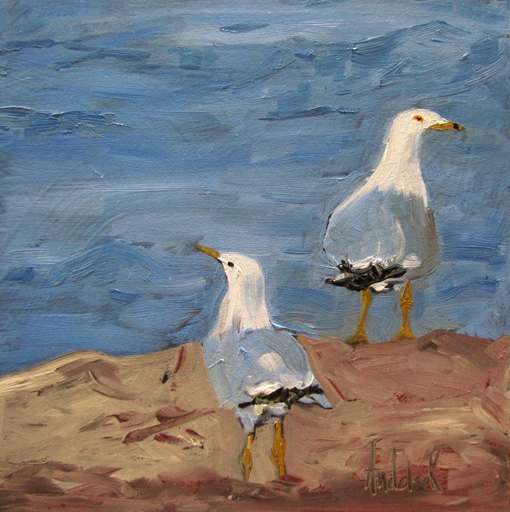 Art, ORIGINAL OIL Painting OOAK, Seagulls, Birds, Beach, 'Um, Left or Right', 6x6