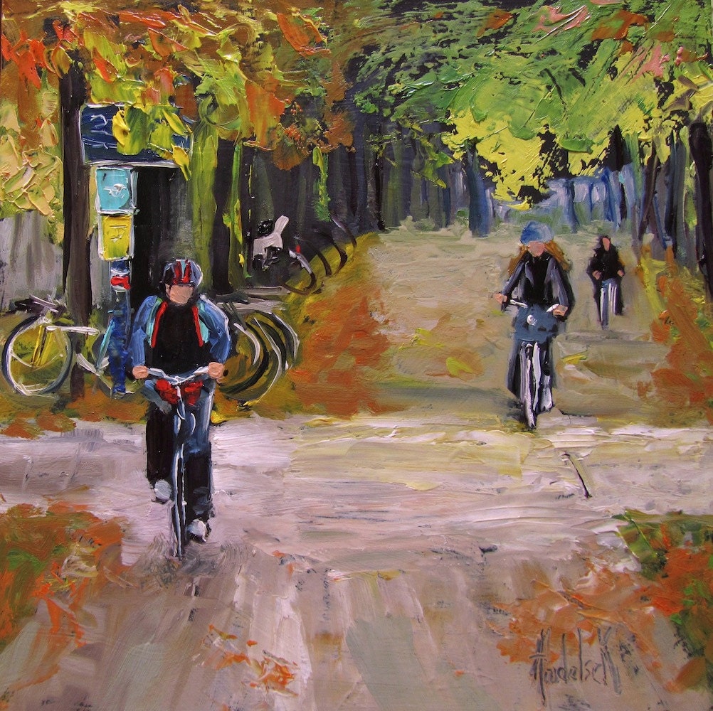 Andolsek Art, ORIGINAL OIL Painting OOAK, Autumn, Fall, Bicycles, 'Fall Cycling', 8x8x1.5