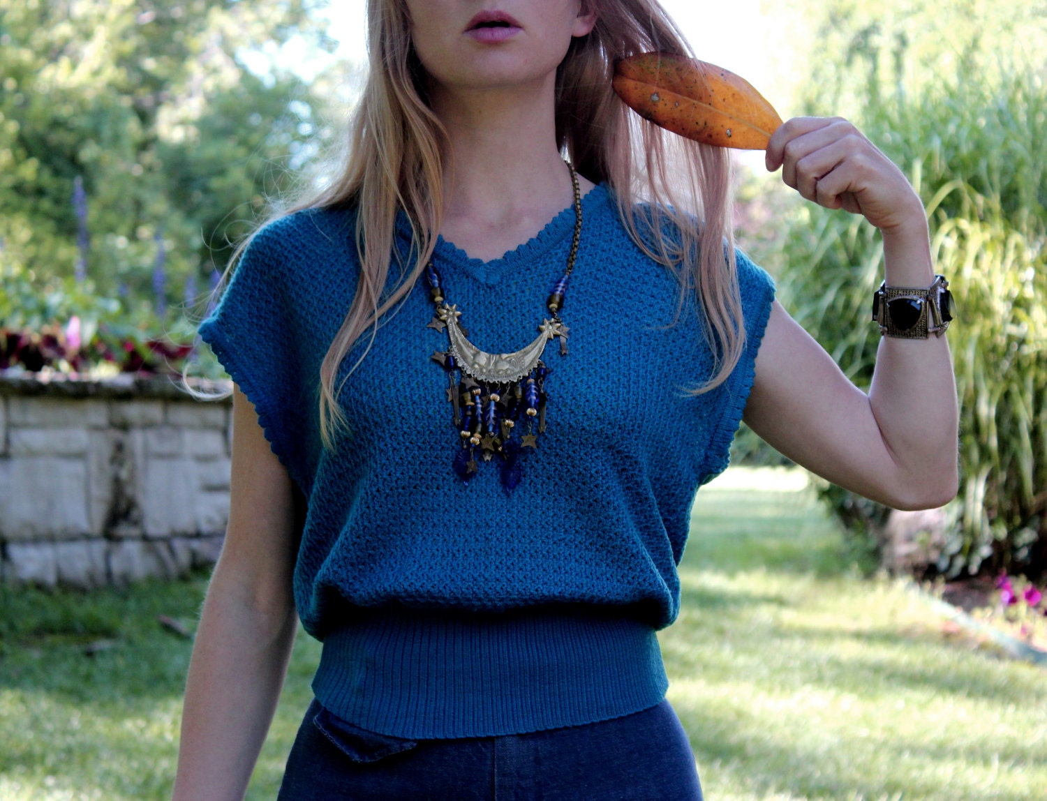 Vintage 70s 80s Knit Shirt in Dark Turquoise Boho Hippie Fashion Womens Medium