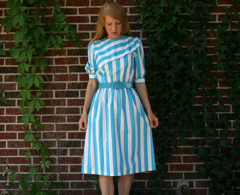 Vintage 80's Puff Sleeve Striped Dress S
