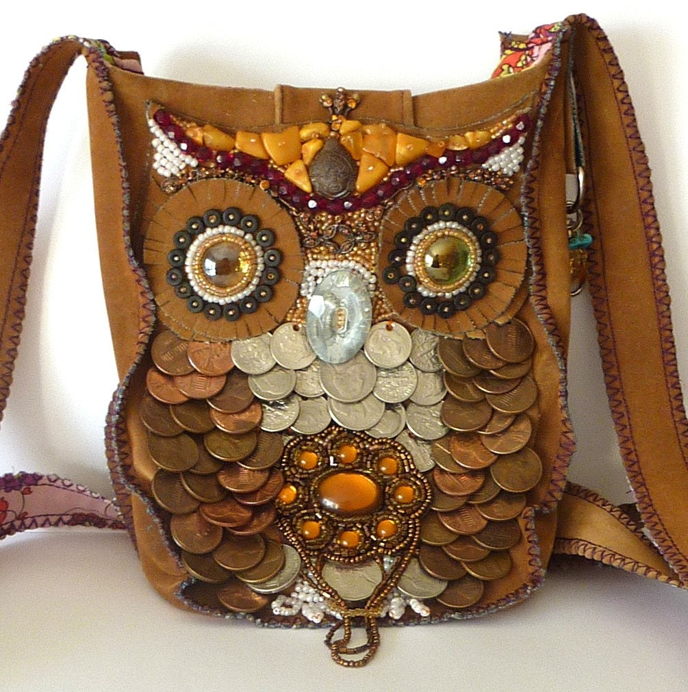 Owl Purse- OOAK Bead Embroidered fuax Suede Bag