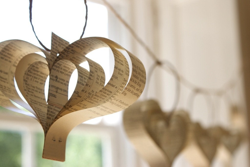 Home Decor Paper Heart Garland Shakespeare Upcycled Books