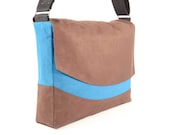 Curved Teal and Brown Microsuede Messenger Bag with Taupe Floral Lining