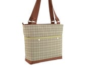 Gray and White Plaid Zippered Tote with Pale Sage Lining