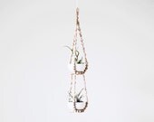 Small Tiered Beaded Hanging Planter with Cups / Scandinavian Modern Plant Hanger / Natural Wood Beads