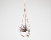 Small Beaded Hanging Planter with Cup / Scandinavian Modern Plant Hanger / Natural Wood Beads
