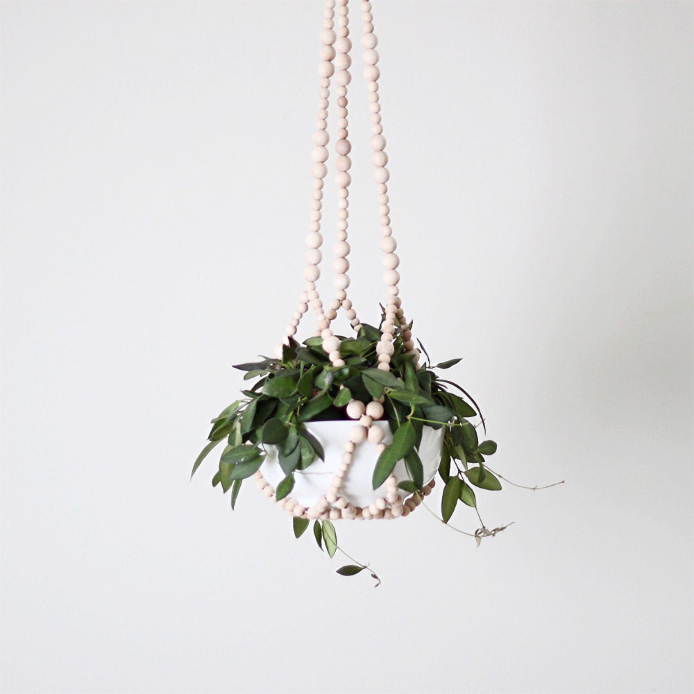 Beaded Hanging Planter / Scandinavian Modern Plant Hanger / Natural Wood Beads / Spring Decor