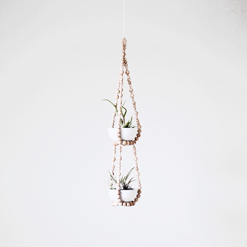 Small Tiered Beaded Hanging Planter with Cups / Scandinavian Modern Plant Hanger / Natural Wood Beads