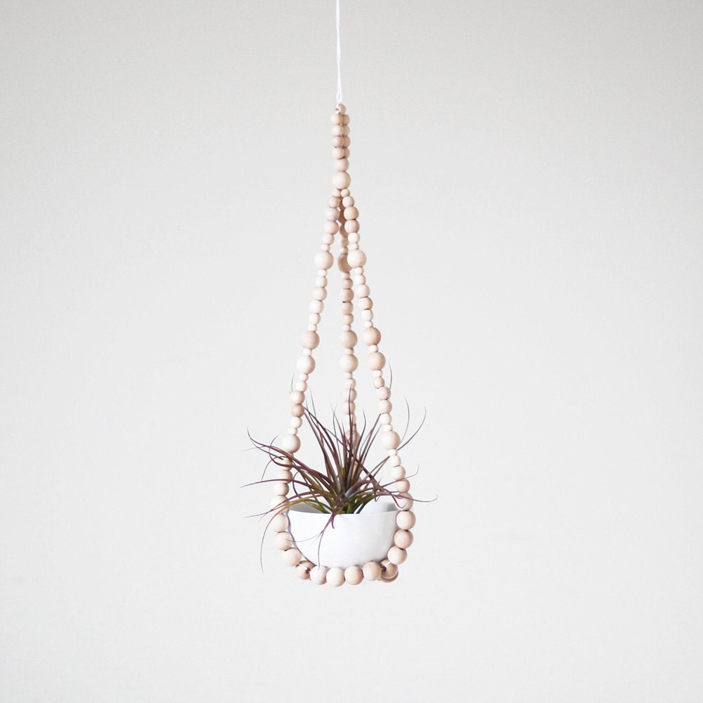 Small Beaded Hanging Planter with Cup / Scandinavian Modern Plant Hanger / Natural Wood Beads