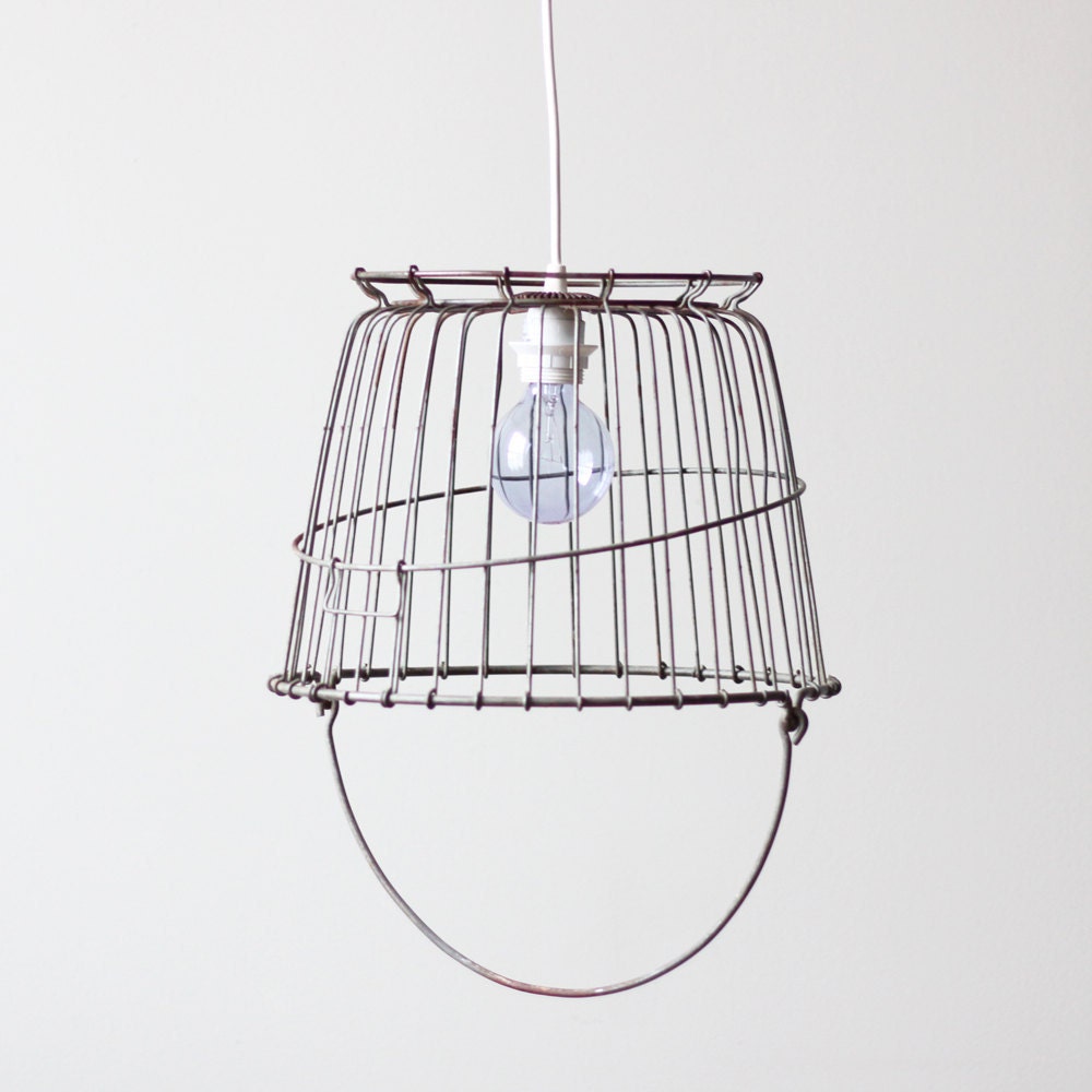 vintage wire basket swag lamp / industrial ceiling light