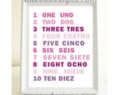 Learn 123 numbers nursery art decor in Spanish and English - 8x10 print
