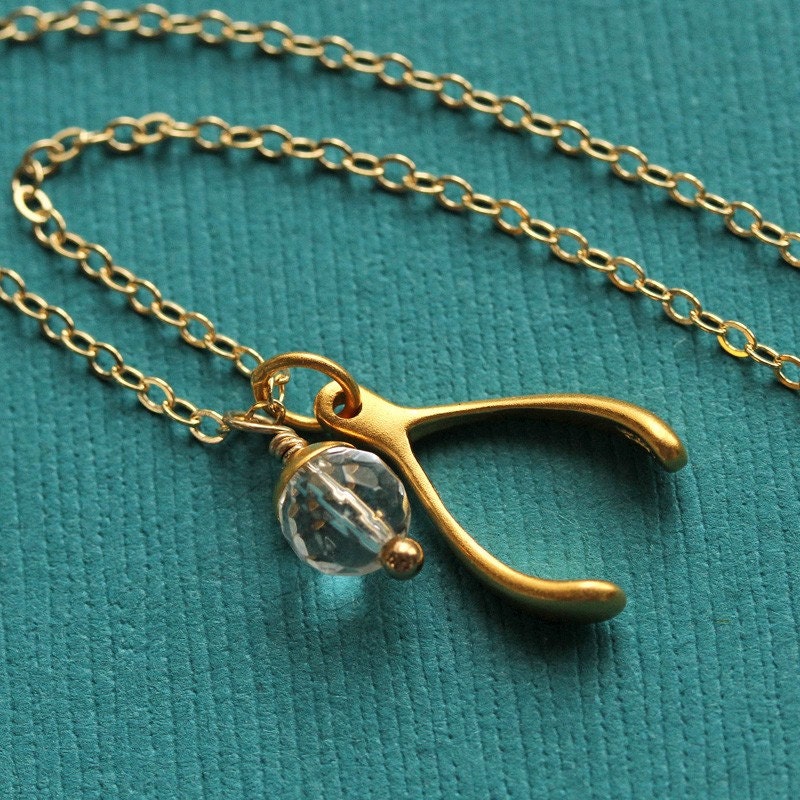 Gold Vermeil Wishbone Necklace with Clear Quartz - 14K Gold Filled Chain
