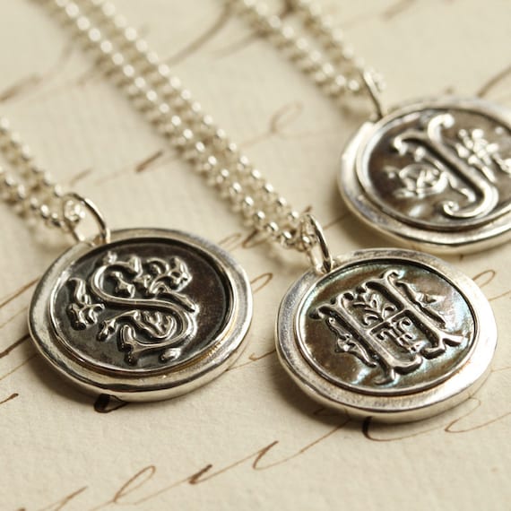 Oxidized Old English Initial Wax Seal Necklace - Any Letter of the Alphabet - Fine Silver, Sterling Silver