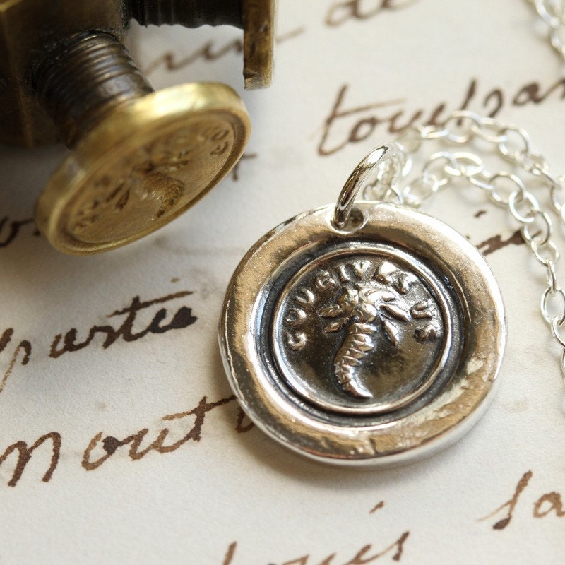 God Gives Us, Cornucopia Victorian Wax Seal Necklace - Fine Silver, Sterling Silver