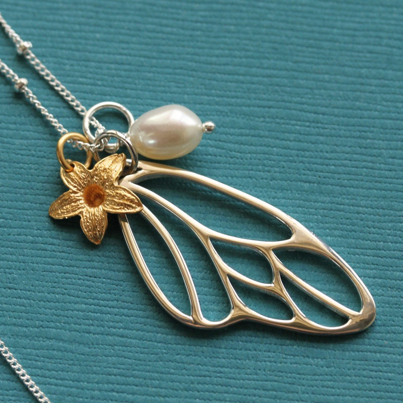 Butterfly Wing with Jasmine Flower and Freshwater Pearl, Sterling Silver Necklace