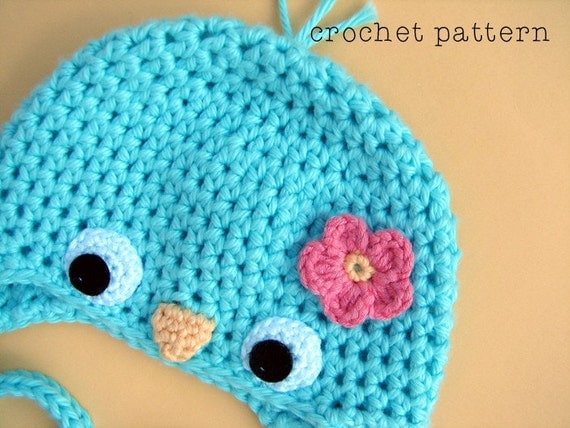 PDF Crochet Pattern, Baby Bluebird Hat w Flower, Earflap Hat or a Beanie, Sizes Newborn to Teen, Make an Adorable Spring Photoprop :D
