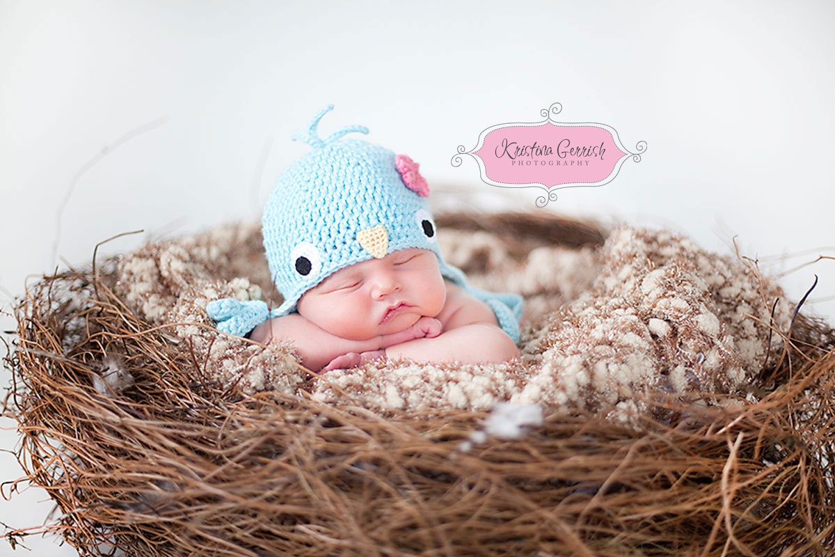PDF Crochet Pattern, Baby Bluebird Hat w Flower, Earflap Hat or a Beanie, Sizes Newborn to Teen, Make an Adorable Spring Photoprop :D