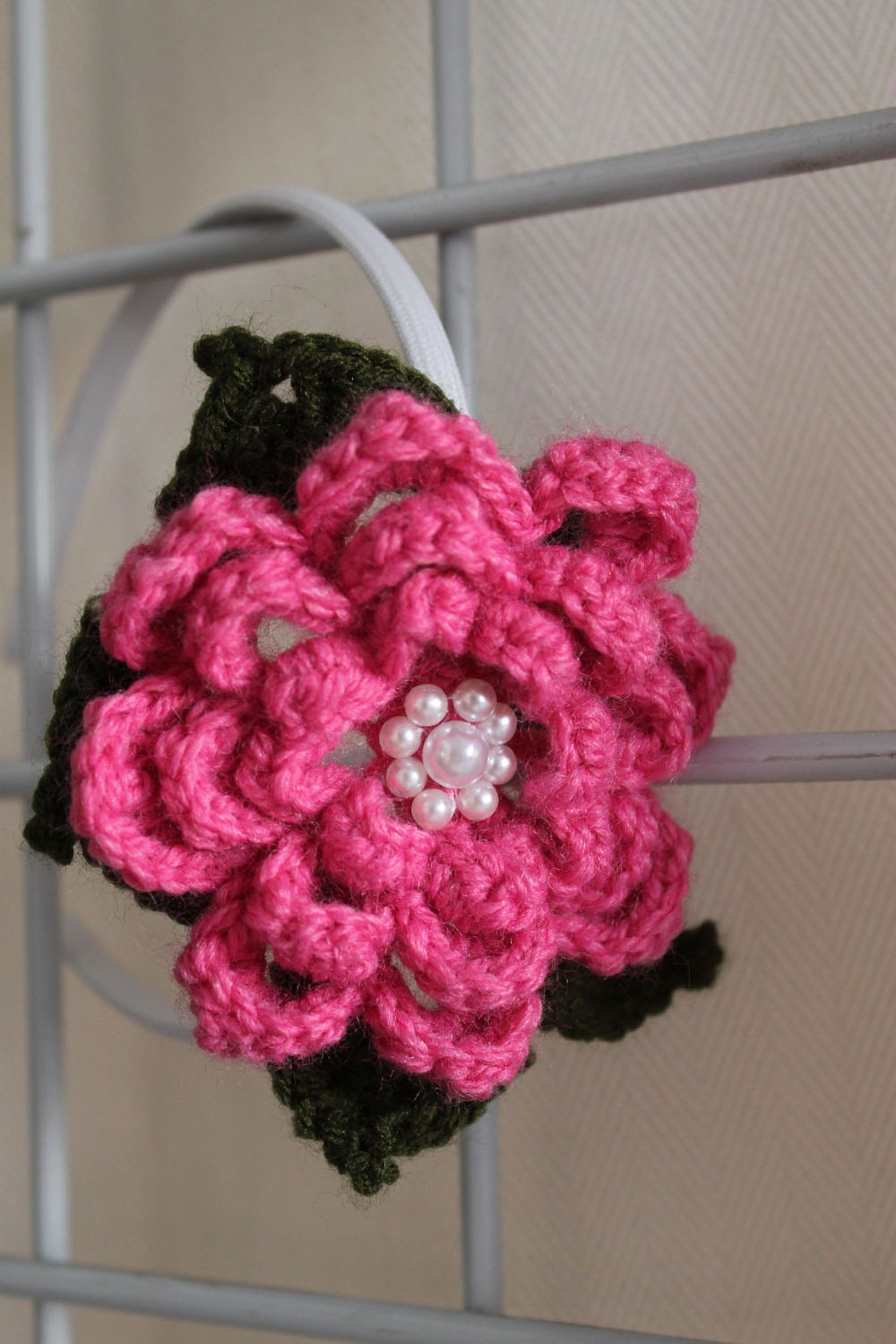 Fascinator Headband, White, Pink Crochet Flower, Faux Pearls, One of a kind