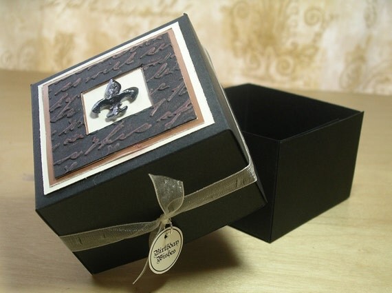 Gift Box - Fleur De Lis Design - Black, Cream and Bronze