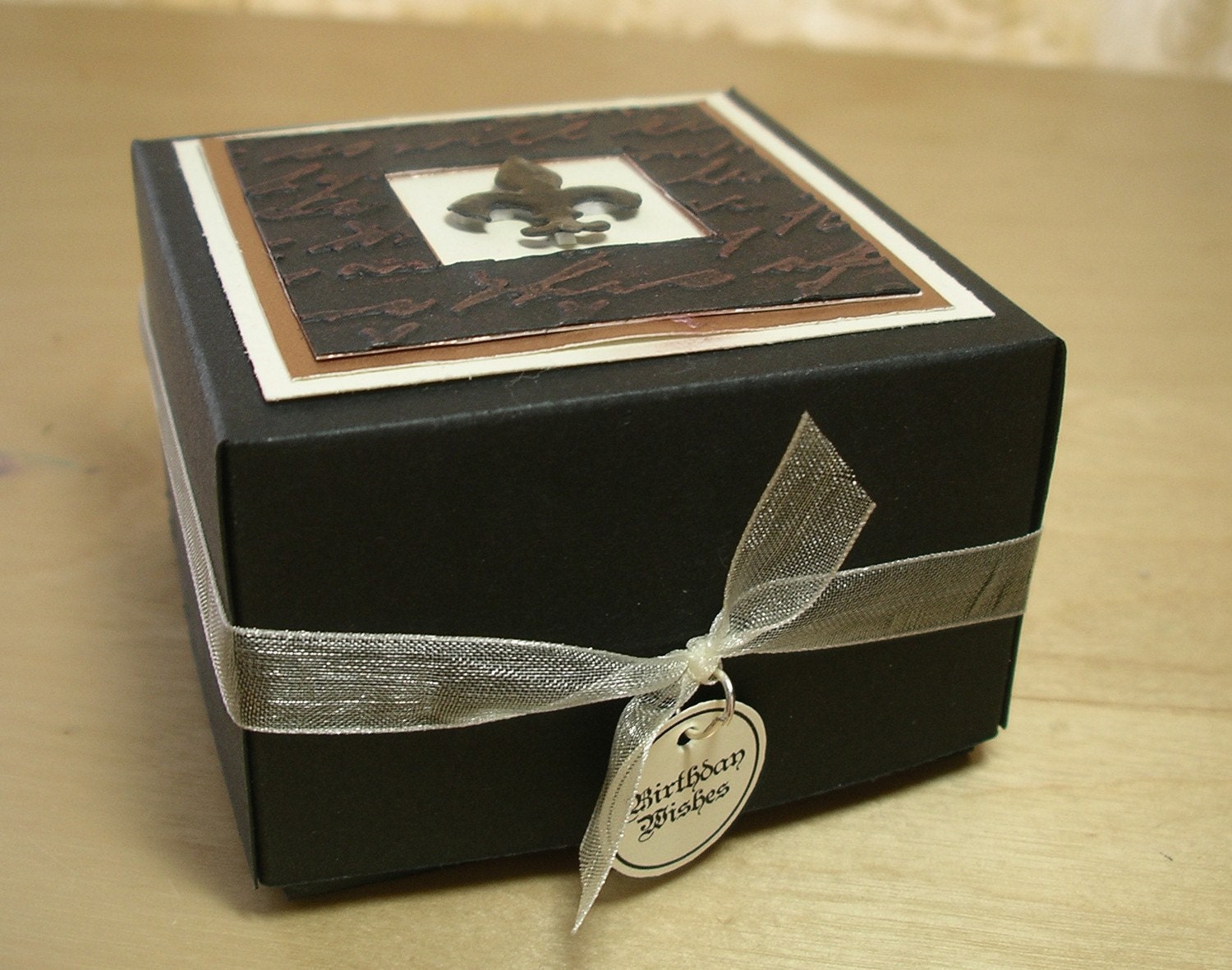 Gift Box - Fleur De Lis Design - Black, Cream and Bronze
