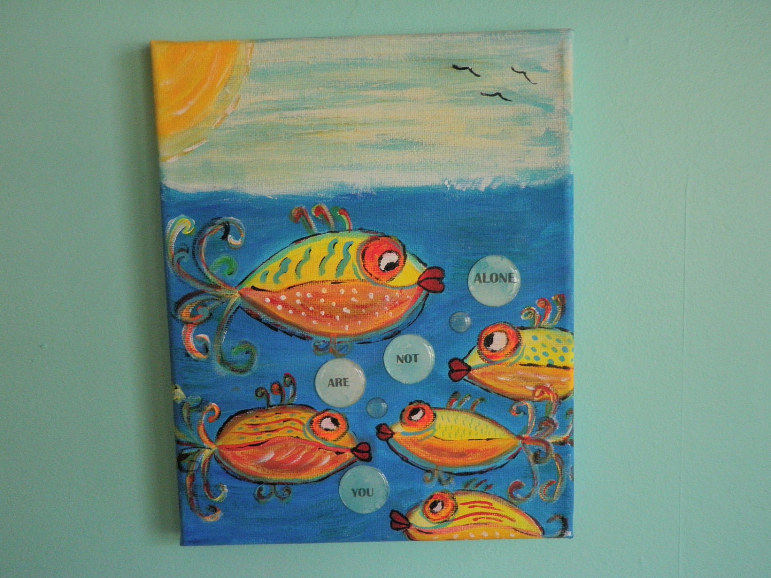 Inspirational AA Recovery You are Not Alone Whimsical Fish Original Acrylic Painting 8 x 10 Canvas