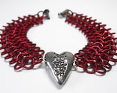 Gothic heart bracelet, Chainmaille, Red, Corseted heart bracelet, Laced heart, Reversible