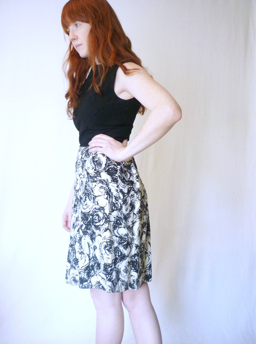 vintage 1950s mad men cocktail dress / 50s black floral fitted wiggle dress / size xs - small