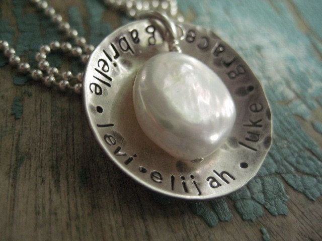 hammered names around pearl personalized sterling silver necklace