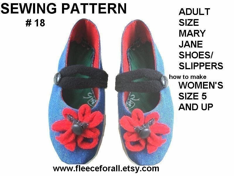 FF 18, SEWING PATTERN, Denim Mary Jane Slipper Shoes for Adults - Instant Download - instructions for all women's sizes from 5 to 11