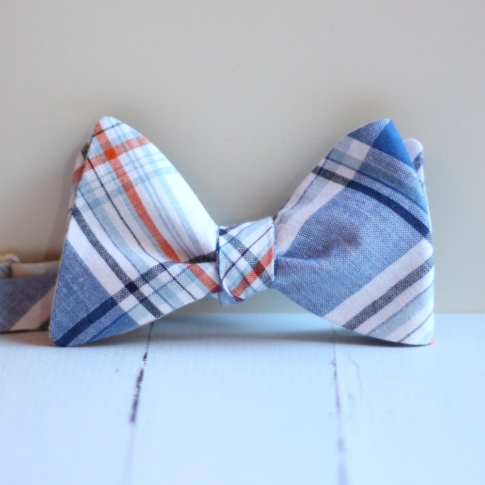 The Beau- NEW men's preppy plaid freestyle bow tie- blue and orange