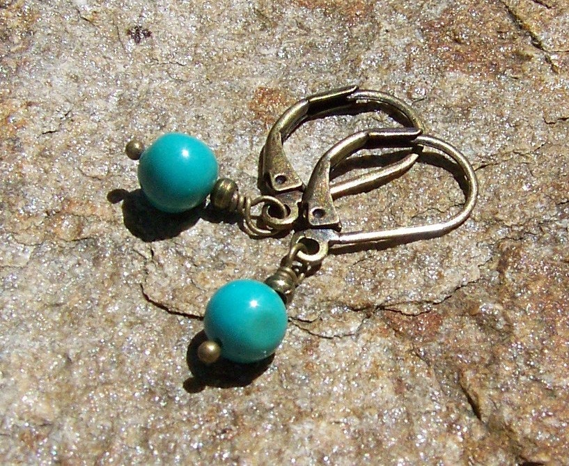 Petite Turquoise earrings, antiqued brass leverback