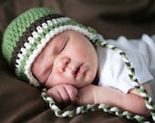 Baby earflap hat - green, brown, white - crochet - size newborn - 24 months