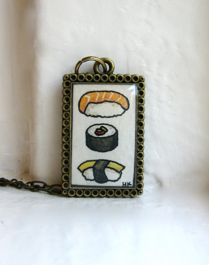 Sushi Necklace, Hand Painted Pendant Necklace, Original Watercolor Art