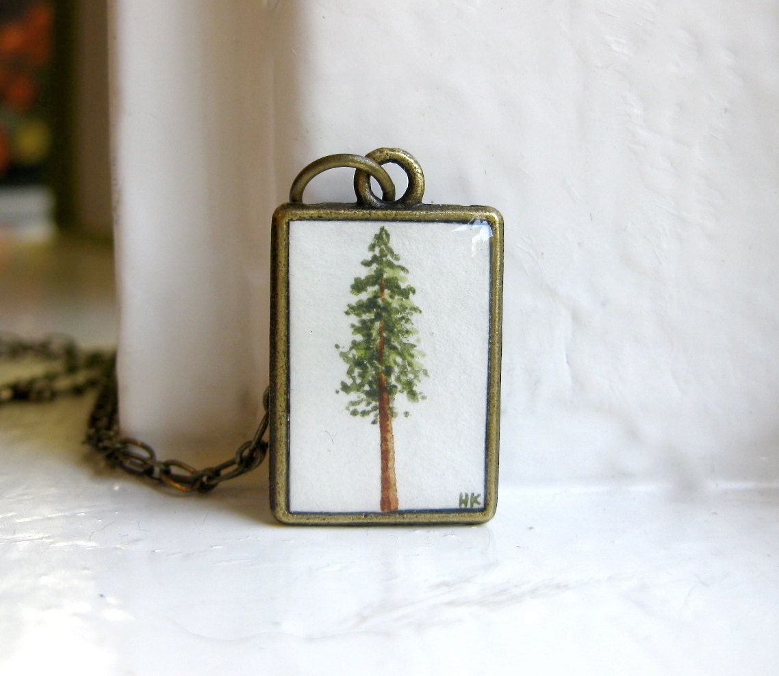 Redwood Pine Tree Necklace - Hand Painted Pendant Necklace, Original Painting - Gifts for her under 30, GIfts under 50