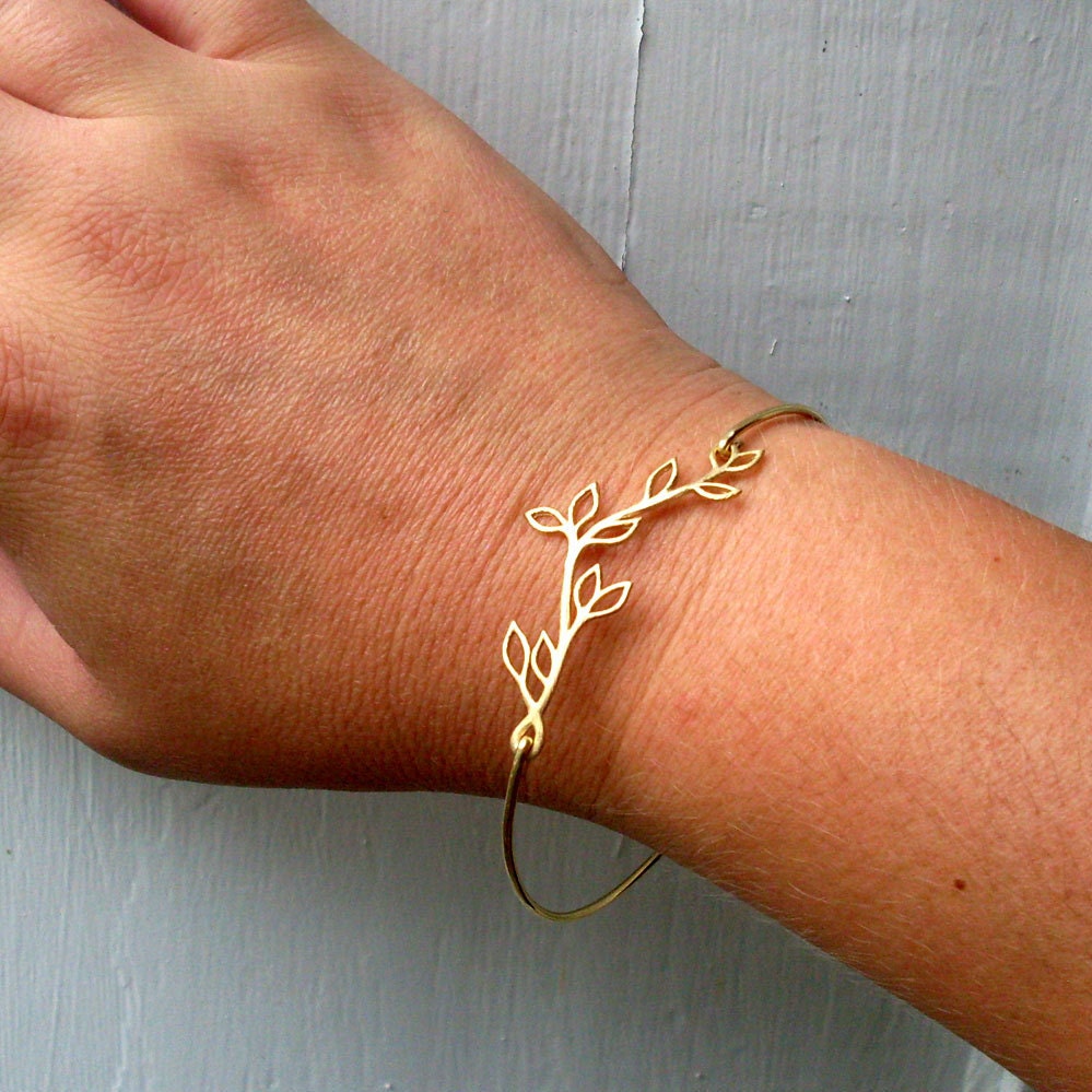 Olive Branch Bangle Bracelet, Gold Charm Bracelet, Olive Branch Bracelet, Gold Jewelry, Gold Bangle Bracelet, Vine, Olive Branch Jewelry
