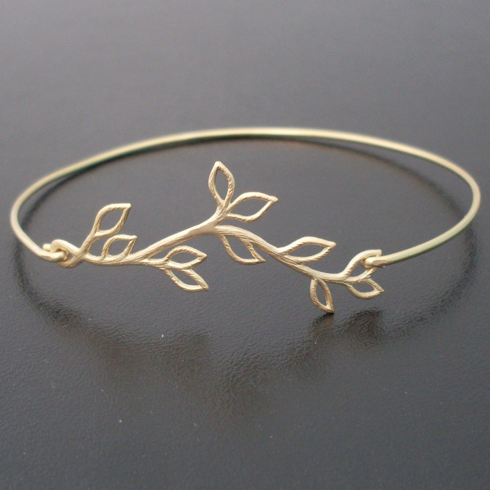 Olive Branch Bangle Bracelet, Gold Charm Bracelet, Olive Branch Bracelet, Gold Jewelry, Gold Bangle Bracelet, Vine, Olive Branch Jewelry