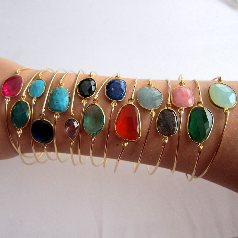 Blue Turquoise Bracelet - 14k Gold Filled Bangle - Genuine Gemstone, Blue Turquoise Jewelry - Faceted Turquoise Bangle